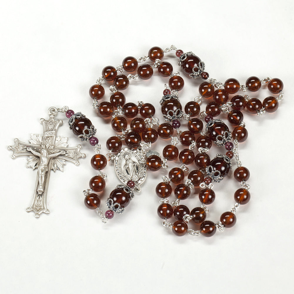 Handmade Catholic Women's Rosary with Hessonite Garnets and Sterling Silver