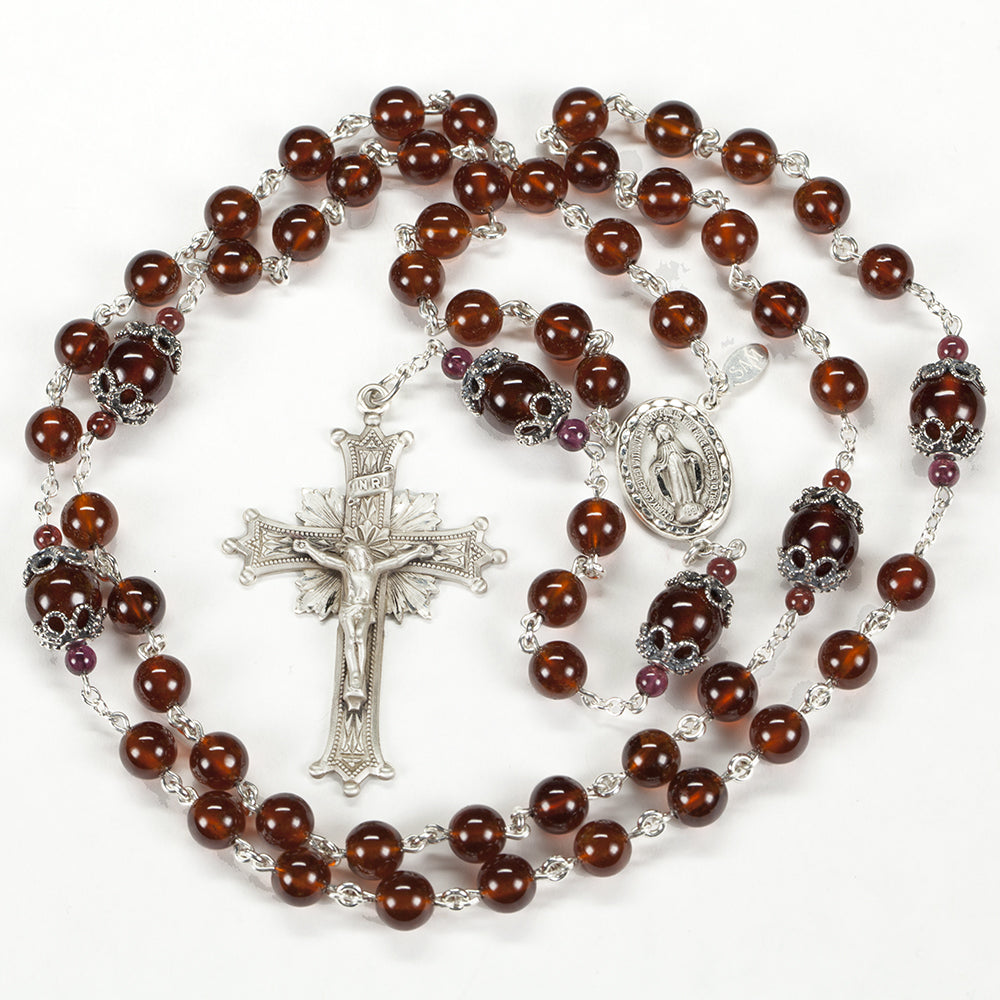 Handmade Catholic Women's Rosary with Hessonite Garnets and Sterling Silver