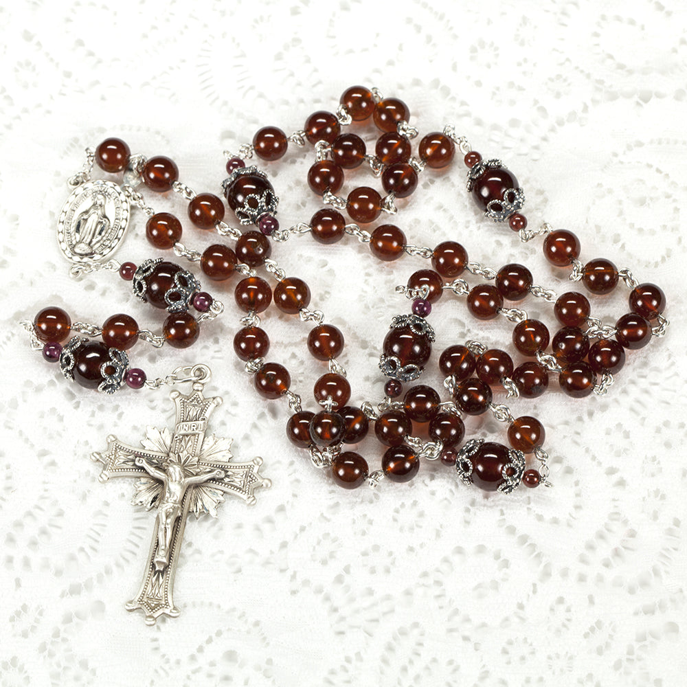 Handmade Catholic Women's Rosary with Hessonite Garnets and Sterling Silver