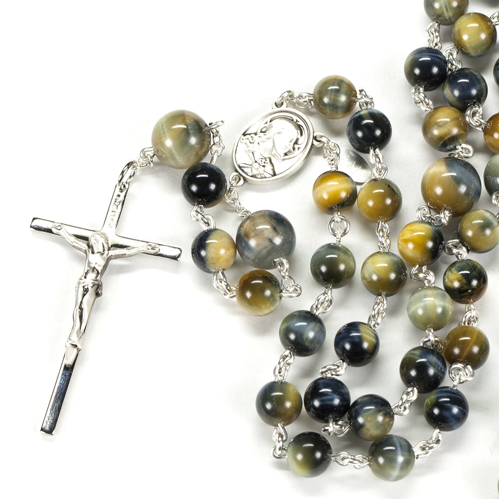 Catholic Men's Rosary handmade with Tigers Eye stones in a Rare Blue, Gold Color