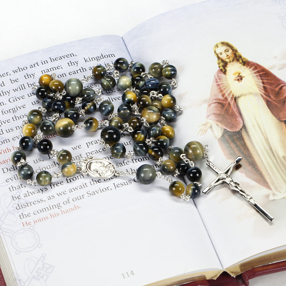 Catholic Men's Rosary handmade with Tigers Eye stones in a Rare Blue, Gold Color