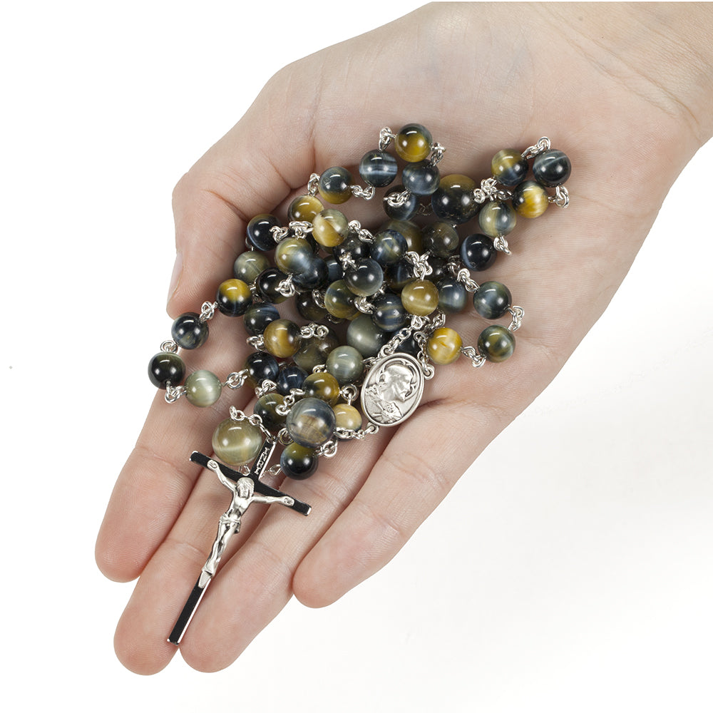 Catholic Men's Rosary handmade with Tigers Eye stones in a Rare Blue, Gold Color