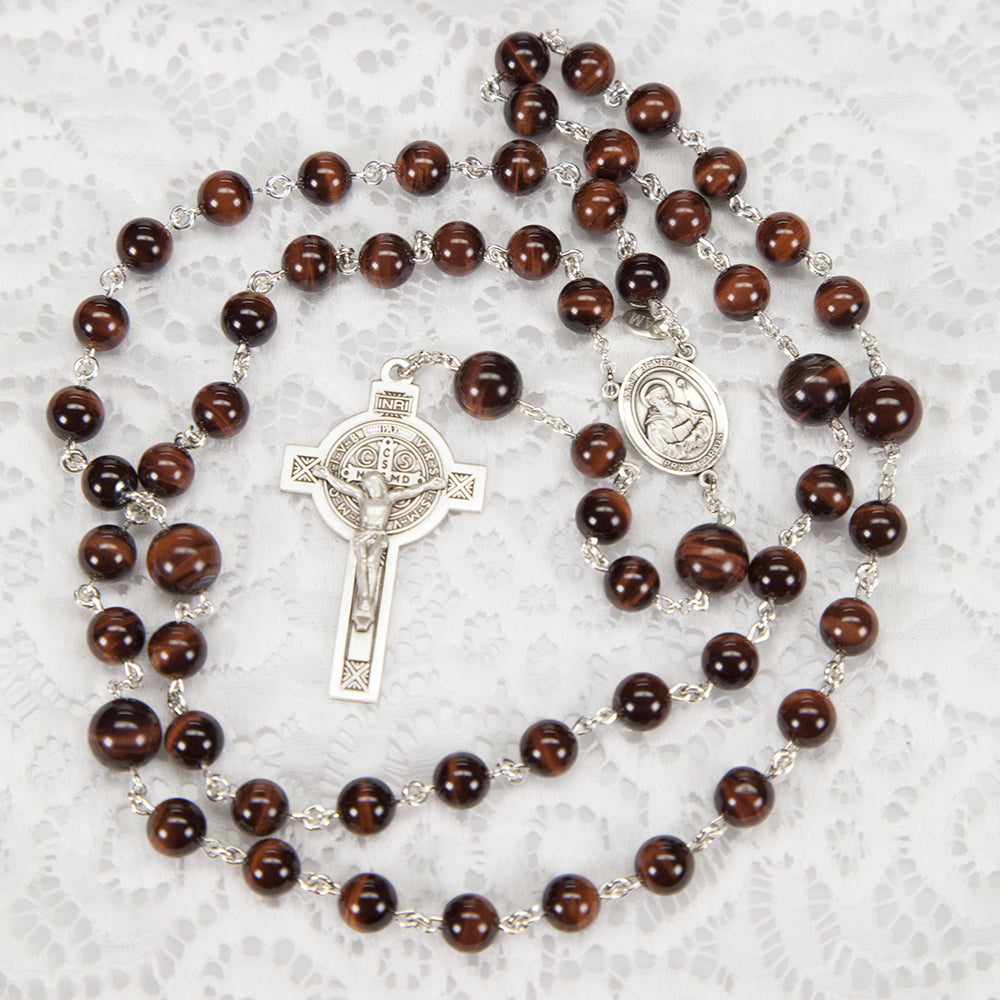 Mens Rosary Handmade with Red Tiger Eye Stones