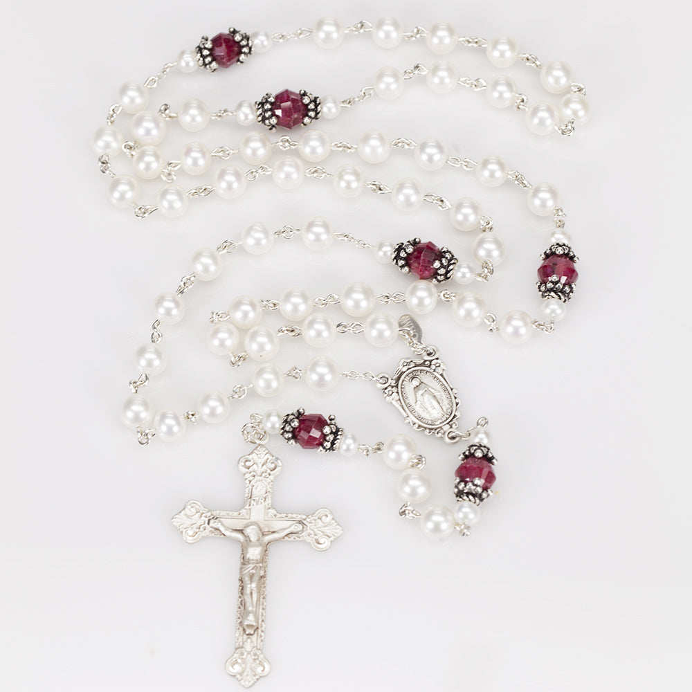 Handmade Catholic Women's Rosary with Rubies and Freshwater Pearls