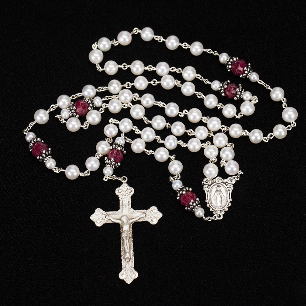 Handmade Catholic Women's Rosary with Rubies and Freshwater Pearls