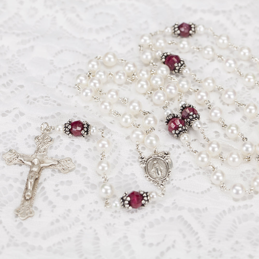 Handmade Catholic Women's Rosary with Rubies and Freshwater Pearls