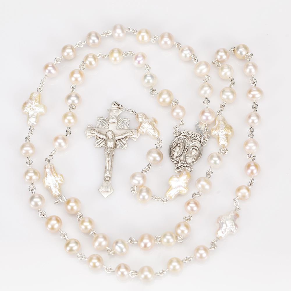 Catholic Women's Rosary with Cross Shaped, Cream Colored Freshwater Pearl