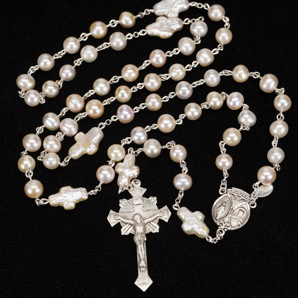 Catholic Women's Rosary with Cross Shaped, Cream Colored Freshwater Pearl