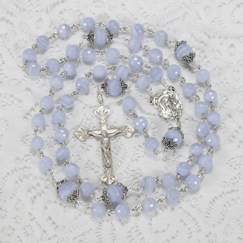 Catholic Womens Rosary Handmade with blue lace agate