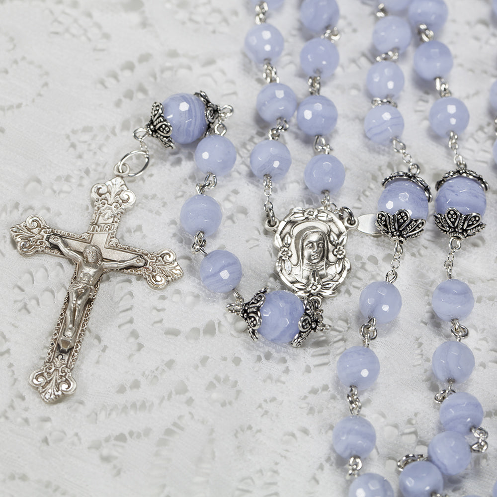 Catholic Womens Rosary Handmade with blue lace agate