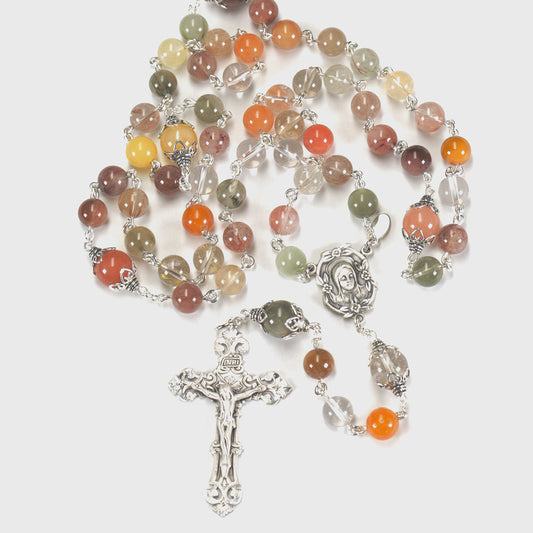 Catholic Women's Rosary Handmade with Multi-Colored Quartz Beads, Sterling Silver, Madonna Center and Barque Crucifix.