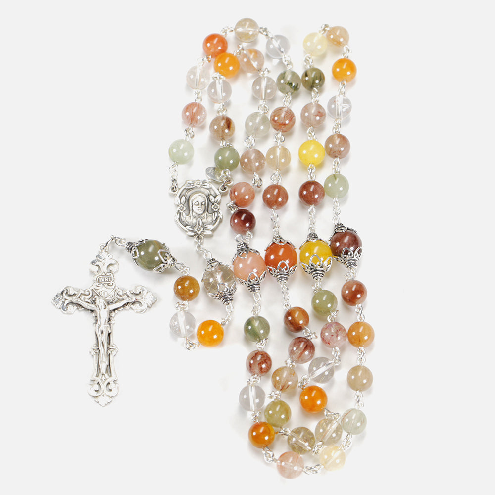 Catholic Women's Rosary Handmade with Multi-Colored Quartz Beads, Sterling Silver, Madonna Center and Barque Crucifix.
