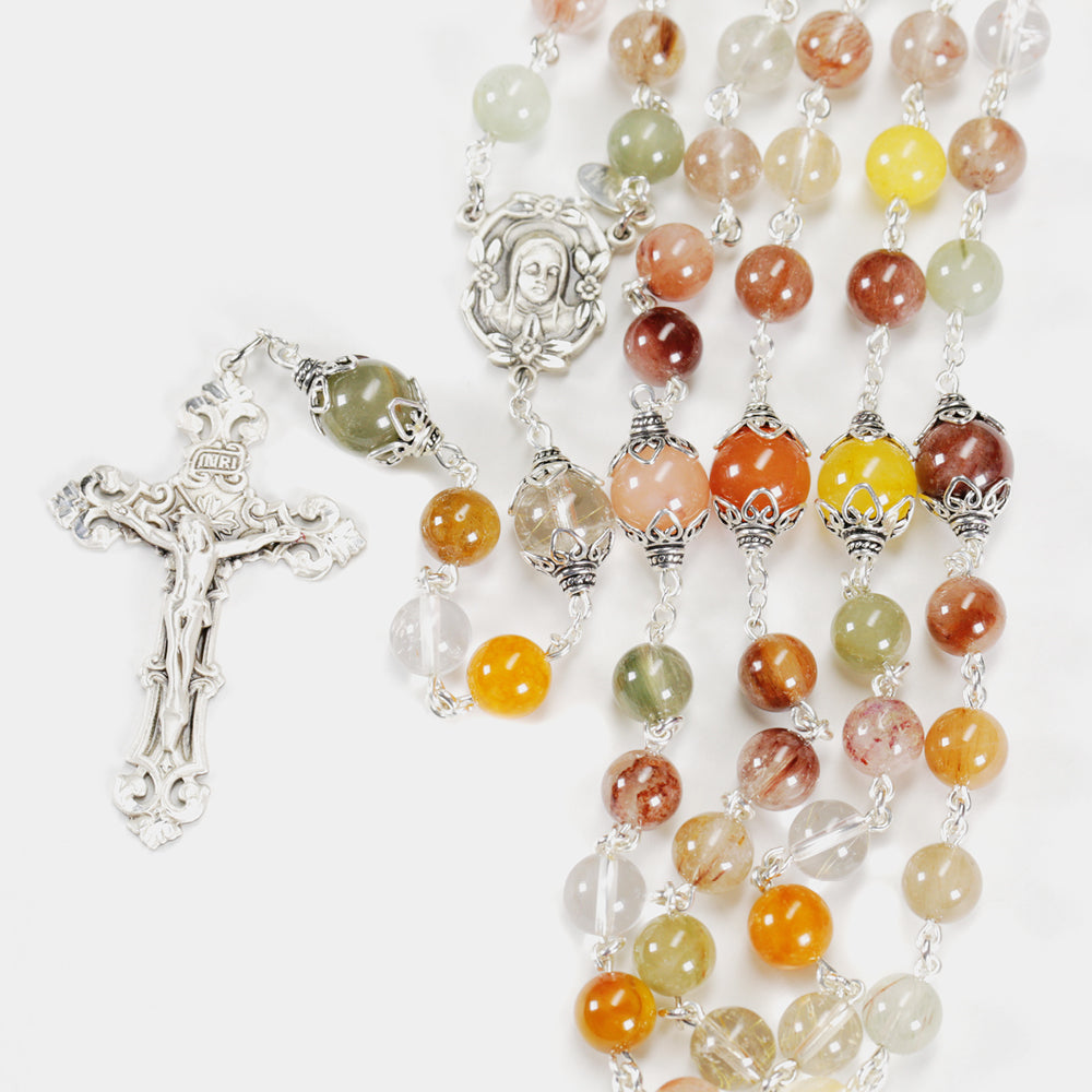 Catholic Women's Rosary Handmade with Multi-Colored Quartz Beads, Sterling Silver, Madonna Center and Barque Crucifix.
