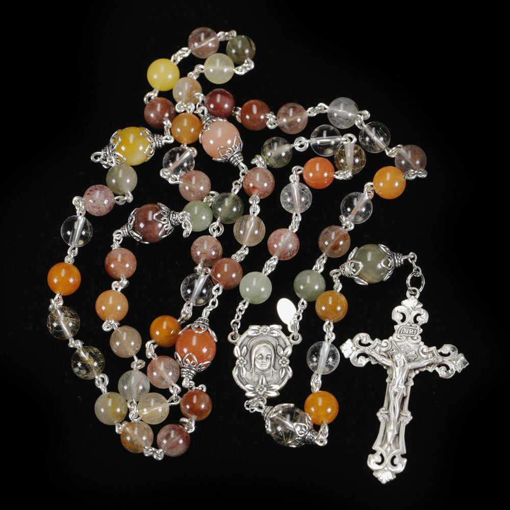 Catholic Women's Rosary Handmade with Multi-Colored Quartz Beads, Sterling Silver, Madonna Center and Barque Crucifix.