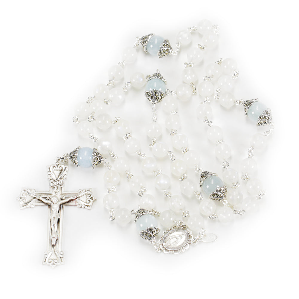 Catholic Women's Rosary Handmade with Rainbow Moonstone Beads, Blue Aquamarine and Marcasite silver