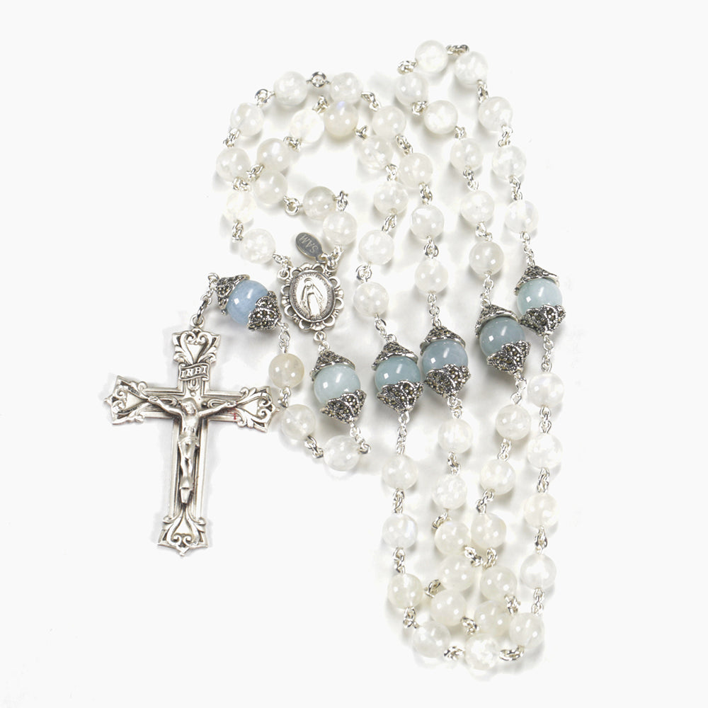 Catholic Women's Rosary Handmade with Rainbow Moonstone Beads, Blue Aquamarine and Marcasite silver