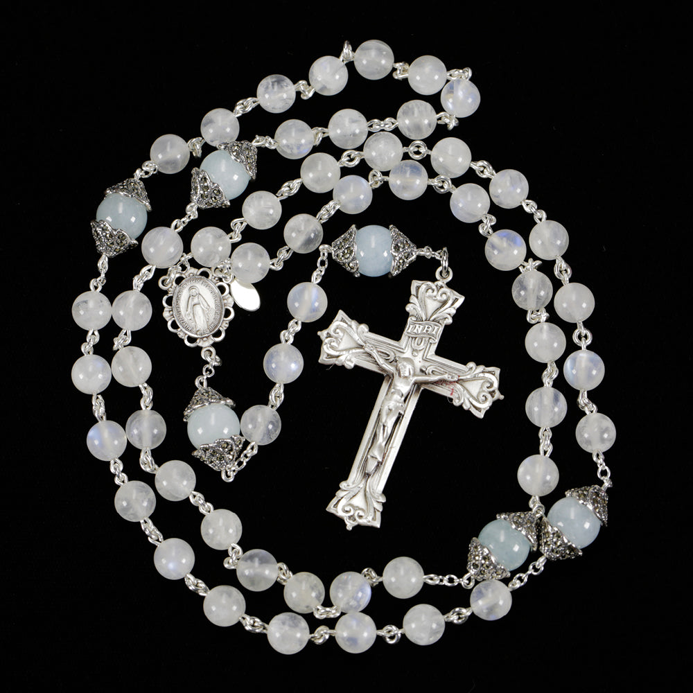 Catholic Women's Rosary Handmade with Rainbow Moonstone Beads, Blue Aquamarine and Marcasite silver