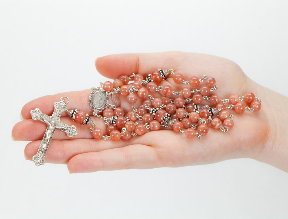 Catholic Women's Rosary Handmade with Rare Pink Rhodochrosite