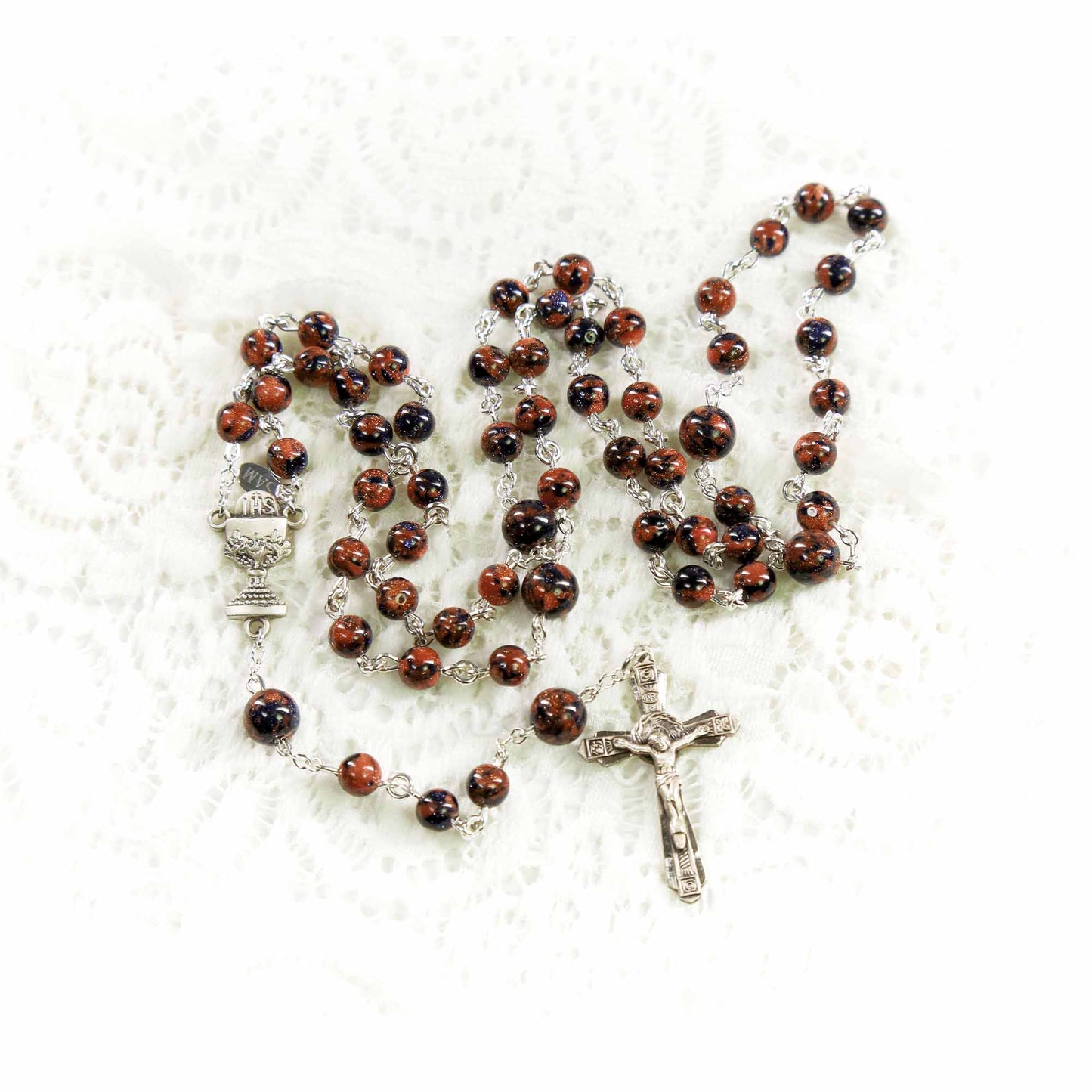 First Communion Blue and Brown Sandstone Rosary