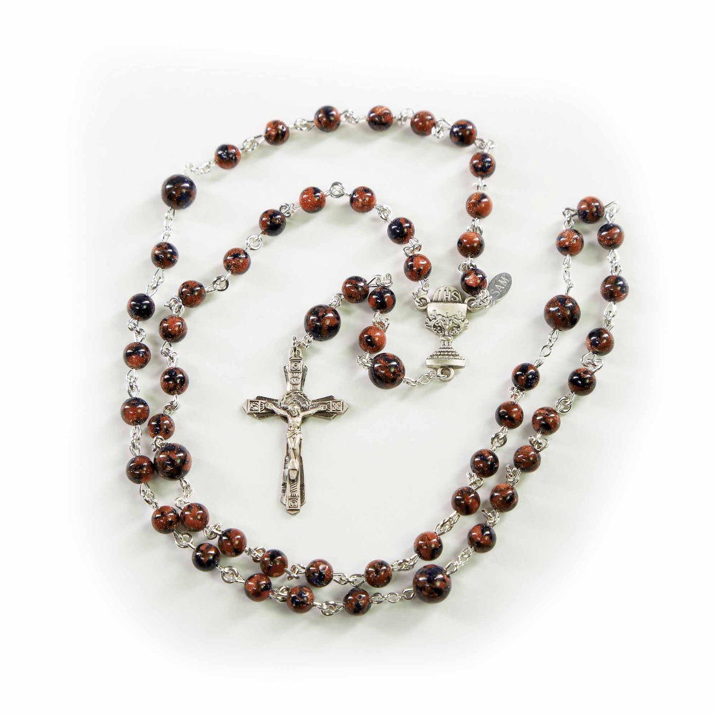 First Communion Blue and Brown Sandstone Rosary