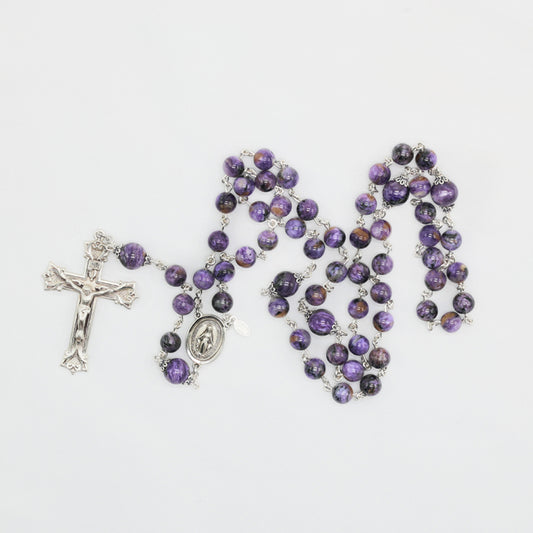 Charoite Women's Rosary -A Reflection of Sorrowful Mysteries - Handmade Gift for Her, Sterling Silver Bead Caps, Center, Crucifix.