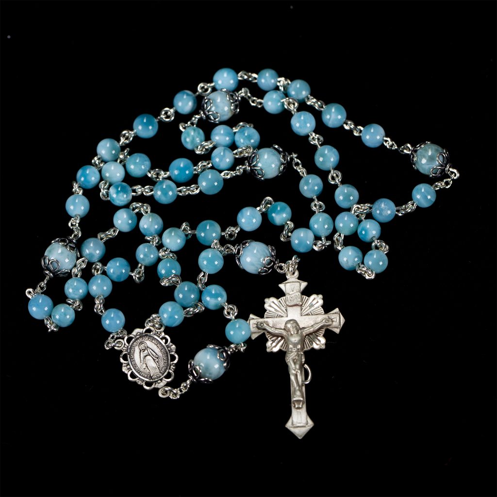 Blue Larimar Catholic Rosary - Handmade, Heirloom Rosaries Gift for Women - Sterling Silver, Miraculous Medal Center, Gemstone