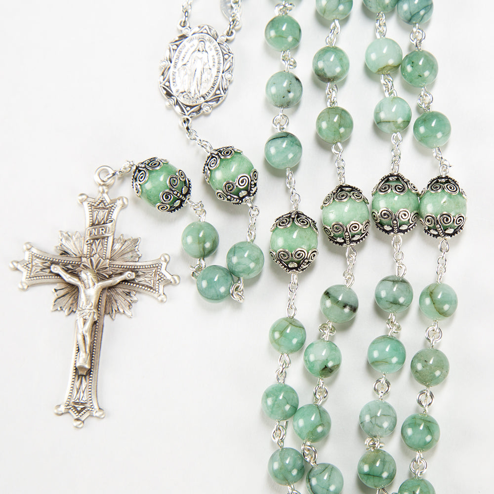Natural, Green Emerald Rosary, Handmade with Green Emerald Beads and Sterling Silver