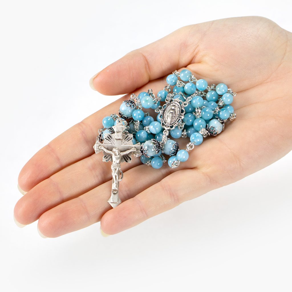 Blue Larimar Catholic Rosary - Handmade, Heirloom Rosaries Gift for Women - Sterling Silver, Miraculous Medal Center, Gemstone