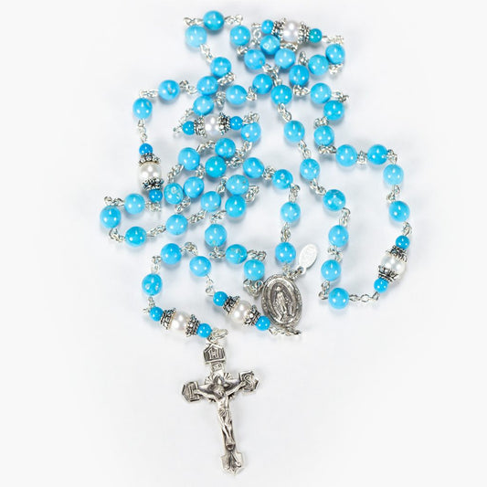 Robin's Nest Blue with Sleeping Beauty Turquoise and Freshwater Pearls, Handmade Catholic Rosary