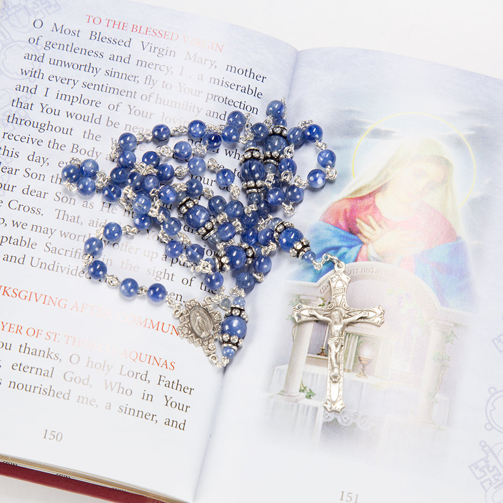 Blue Kyanite Sterling Silver Rosary Gift for Catholic Women - Handmade Heirloom with Smooth Stone Beads, Ornate Miraculous Medal Center