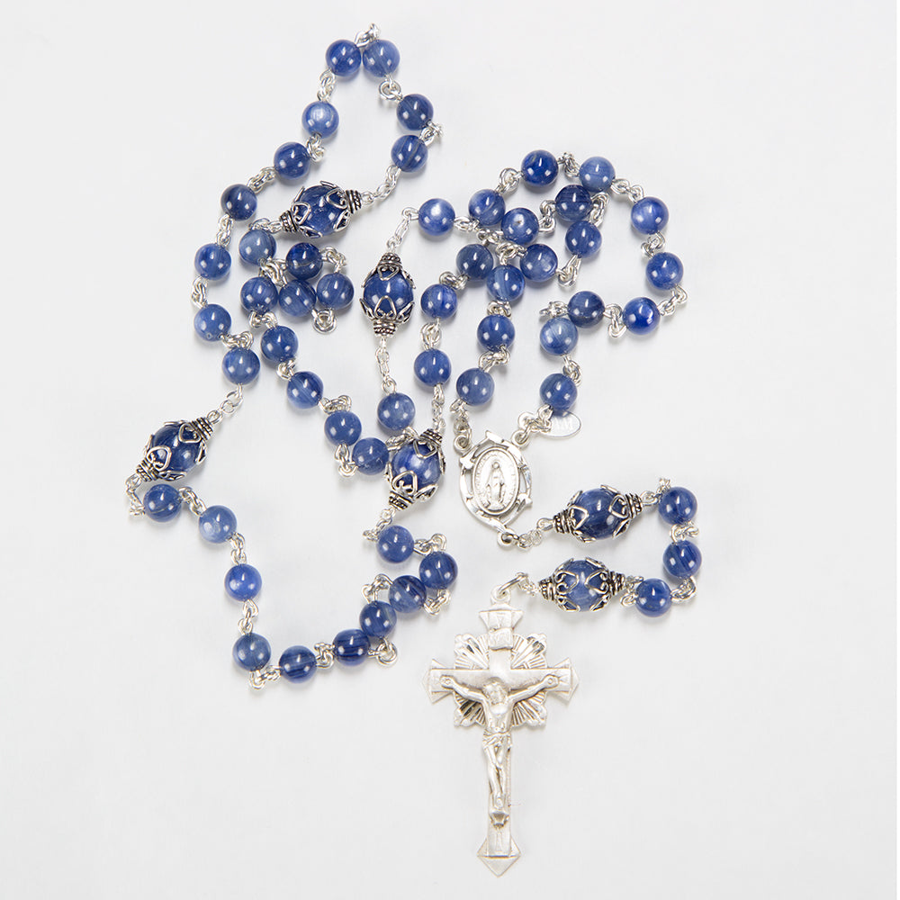 Blue Kyanite Rosary - Gift for Catholic Women - Handmade Heirloom, Sterling Silver, Miraculous Medal, Starburst Crucifix - Custom Rosaries