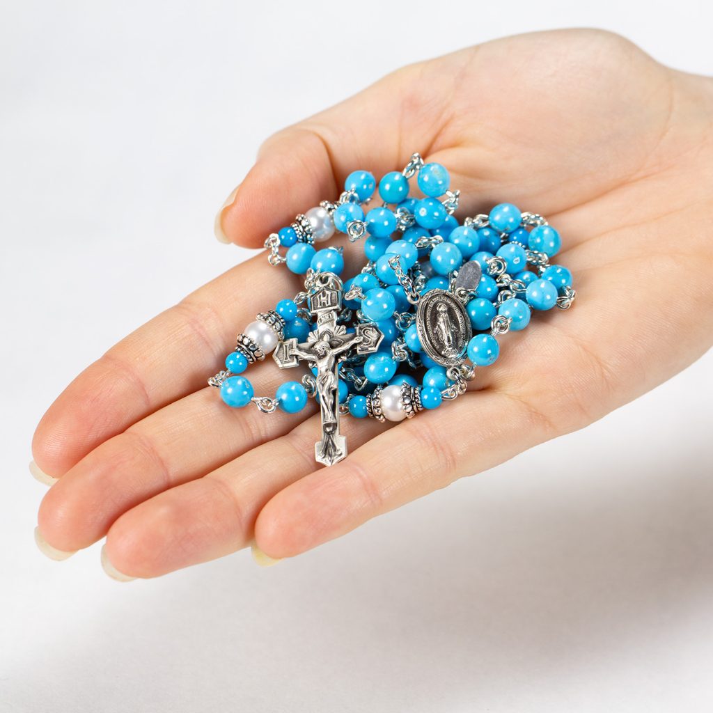 Robin's Nest Blue with Sleeping Beauty Turquoise and Freshwater Pearls, Handmade Catholic Rosary