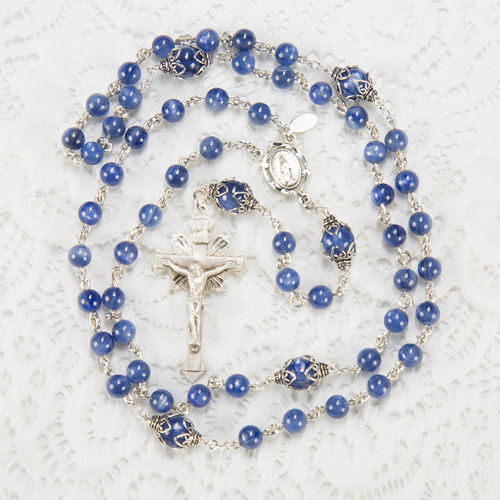 Blue Kyanite Rosary - Gift for Catholic Women - Handmade Heirloom, Sterling Silver, Miraculous Medal, Starburst Crucifix - Custom Rosaries
