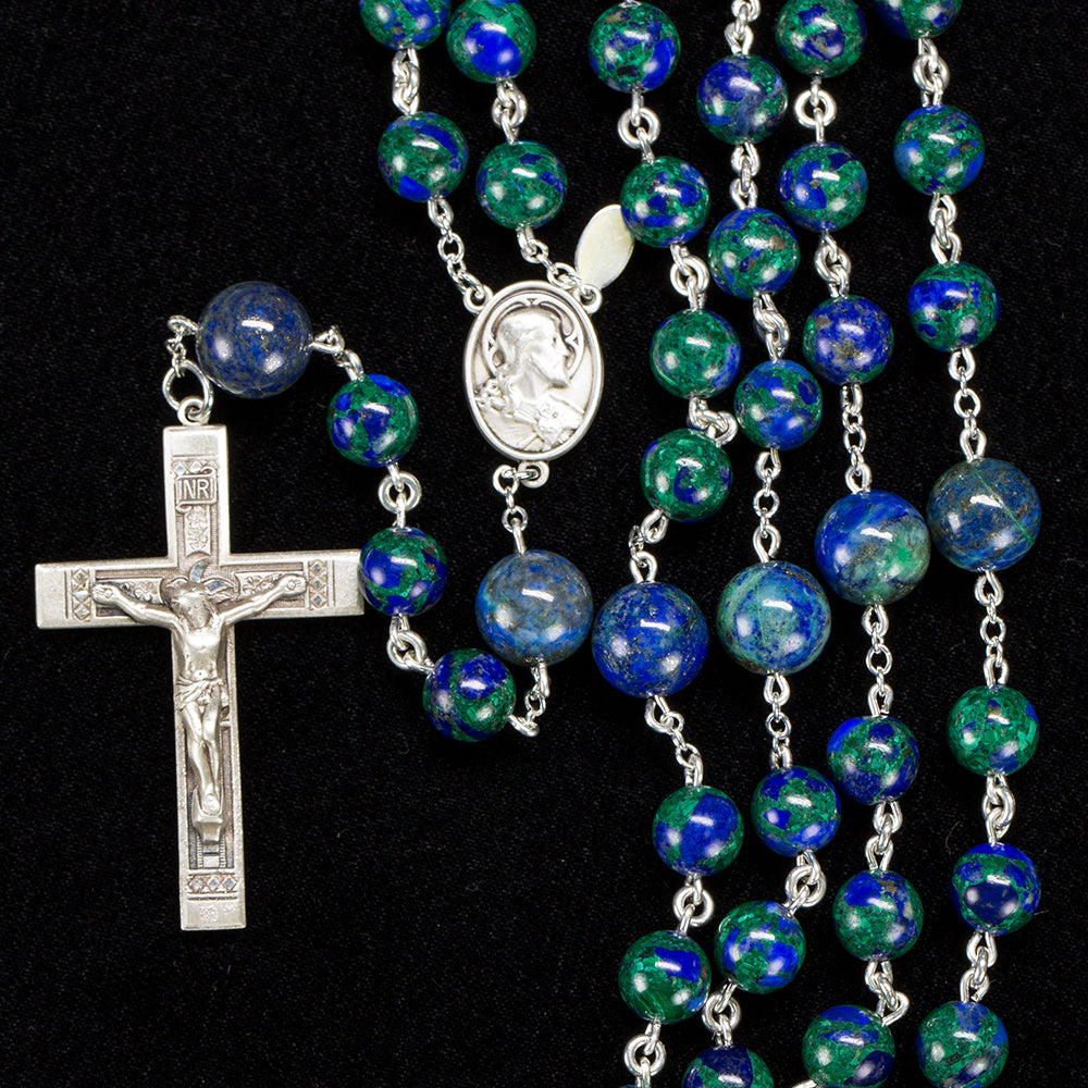 Catholic Men's Rosary Handmade with Stunning, Blue/Green Azurite Stones and Sterling Silver