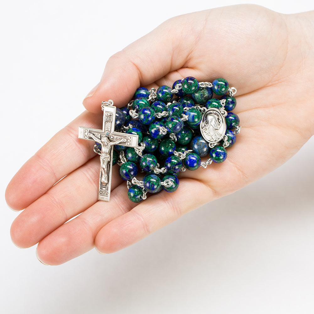 Catholic Men's Rosary Handmade with Stunning, Blue/Green Azurite Stones and Sterling Silver