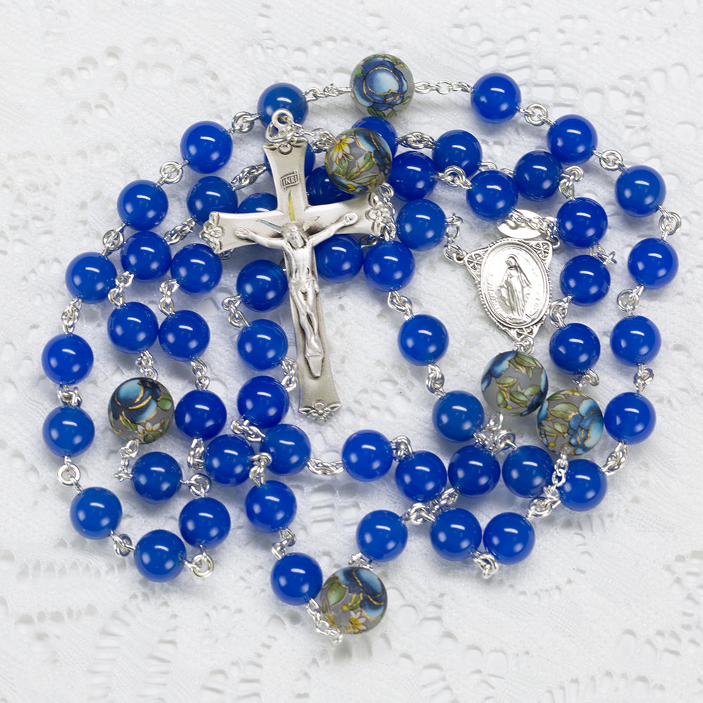 Catholic Rosary Handmade with Lotus Tensha Beads, Blue Onyx and Sterling Silver