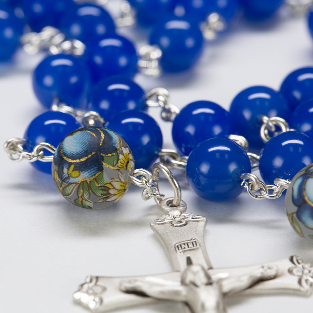 Catholic Rosary Handmade with Lotus Tensha Beads, Blue Onyx and Sterling Silver