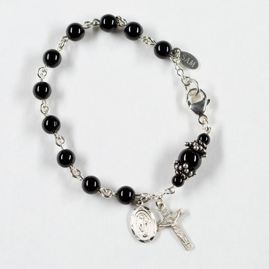 Black Onyx Bracelet Rosary for Catholic Prayers with Bali Sterling Silver