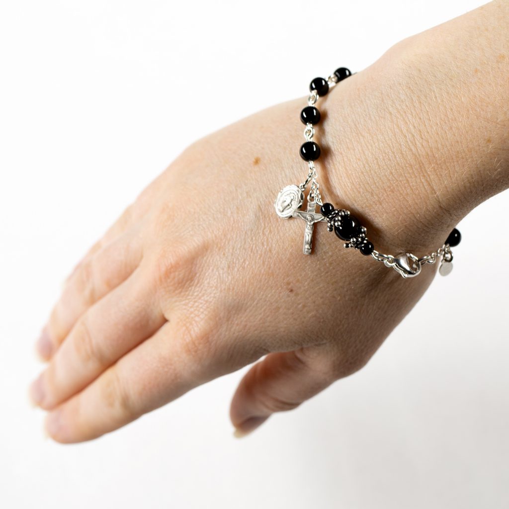 Black Onyx Bracelet Rosary for Catholic Prayers with Bali Sterling Silver