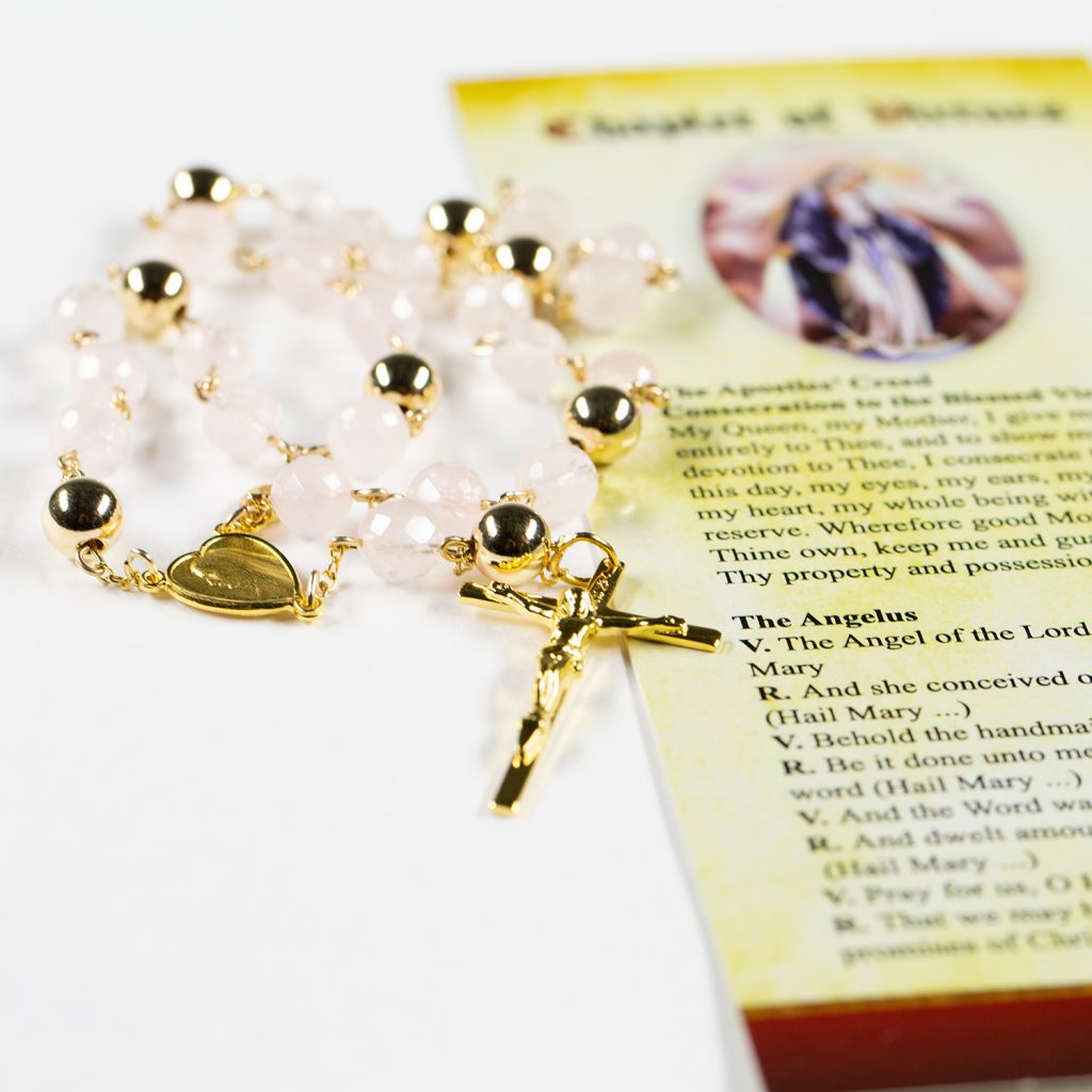 Rose Quartz Chaplet of Virtues with Custom Designed Prayer Card