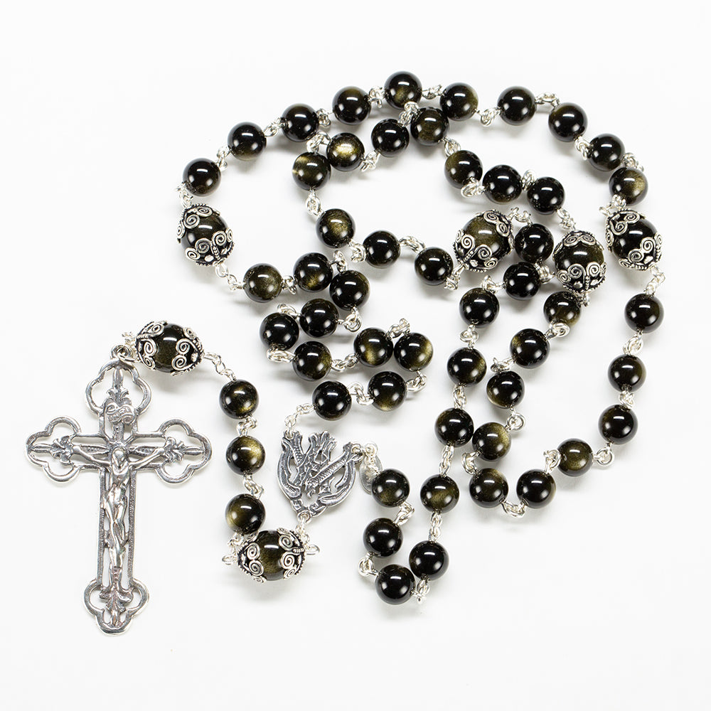 Golden Obsidian Catholic Rosary - Handmade, Custom Gift for Women, Ornate Sterling Silver, Ave Maria Center, Cast Crucifix - Unique Rosaries