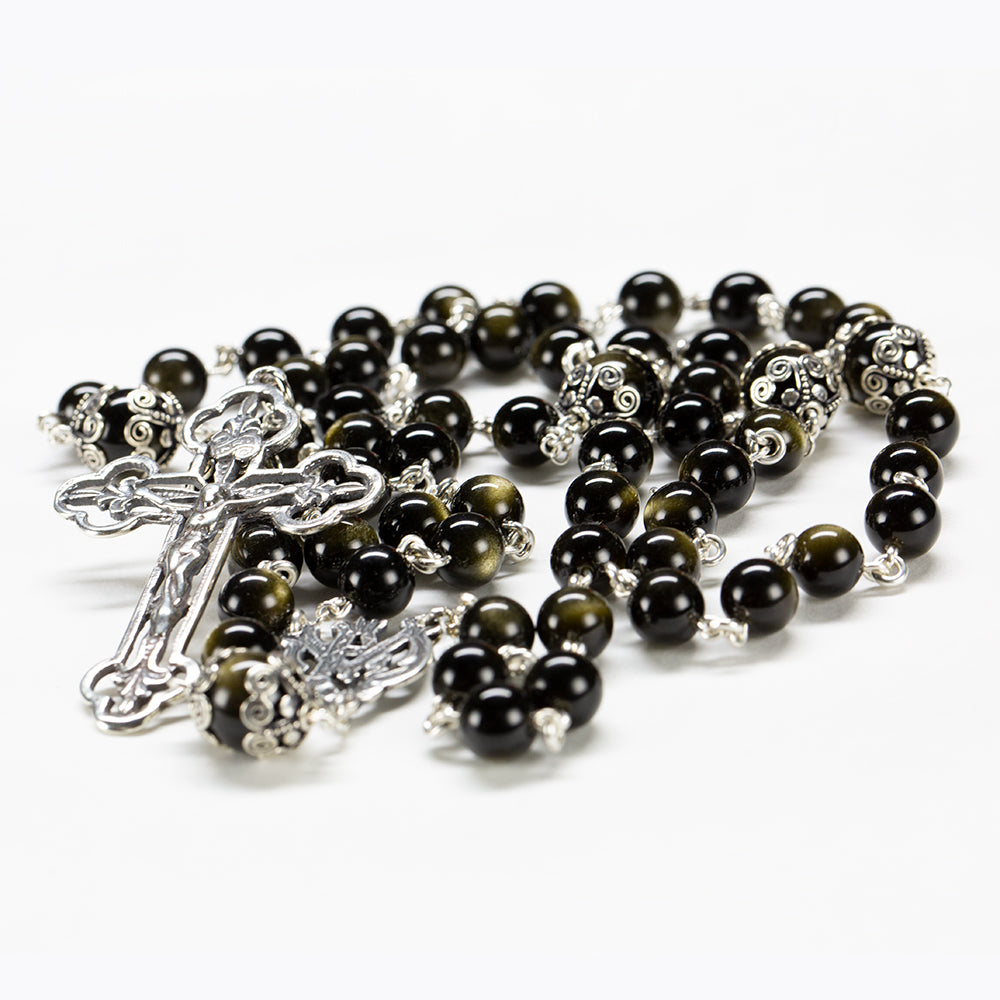 Golden Obsidian Catholic Rosary - Handmade, Custom Gift for Women, Ornate Sterling Silver, Ave Maria Center, Cast Crucifix - Unique Rosaries