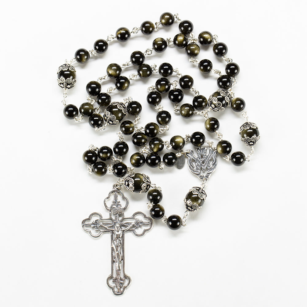 Golden Obsidian Catholic Rosary - Handmade, Custom Gift for Women, Ornate Sterling Silver, Ave Maria Center, Cast Crucifix - Unique Rosaries