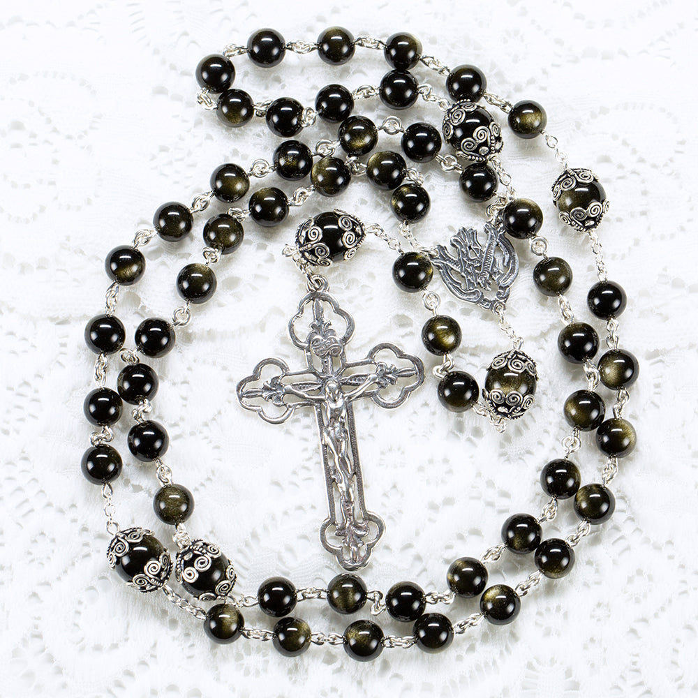 Golden Obsidian Catholic Rosary - Handmade, Custom Gift for Women, Ornate Sterling Silver, Ave Maria Center, Cast Crucifix - Unique Rosaries