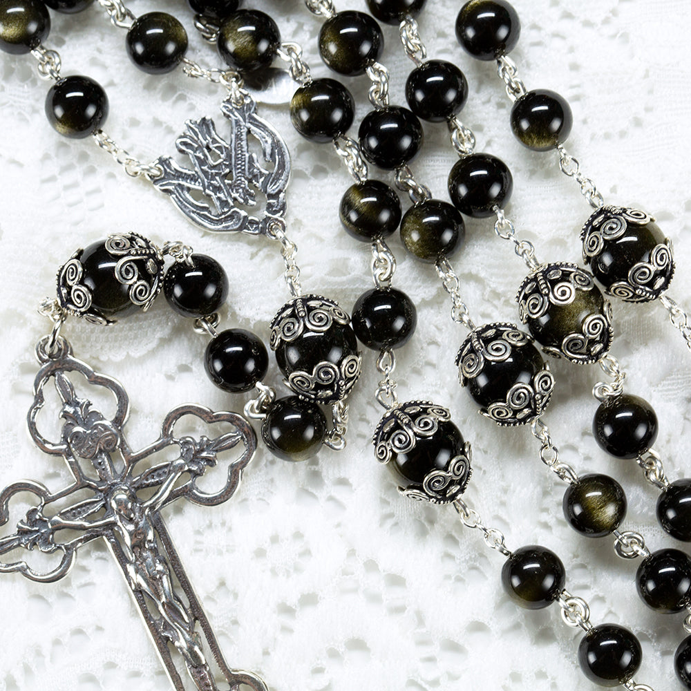 Golden Obsidian Catholic Rosary - Handmade, Custom Gift for Women, Ornate Sterling Silver, Ave Maria Center, Cast Crucifix - Unique Rosaries
