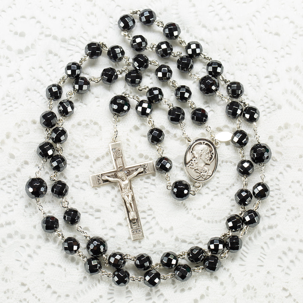 Hematite Crystal Rosary - Handmade Catholic Rosary for Men or Women - Sterling Silver Faceted Steel Gray Haematite Beads - Heirloom Rosaries