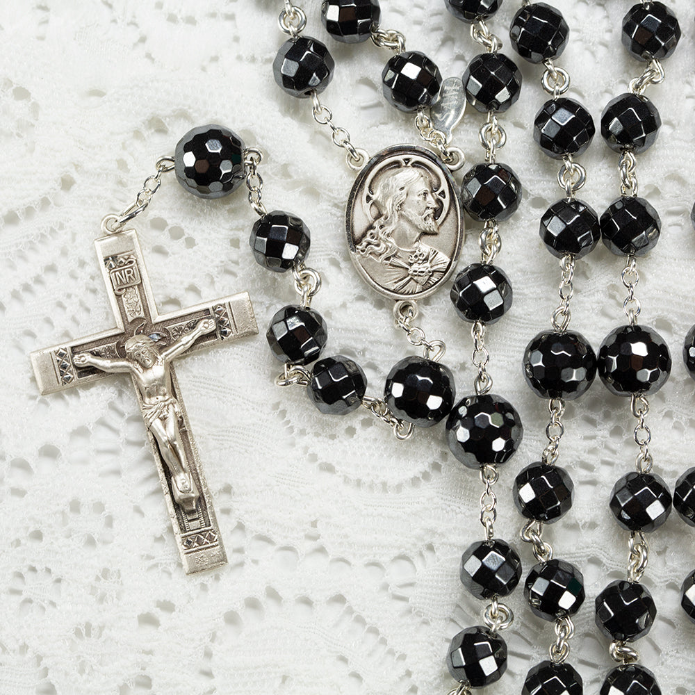 Hematite Crystal Rosary - Handmade Catholic Rosary for Men or Women - Sterling Silver Faceted Steel Gray Haematite Beads - Heirloom Rosaries