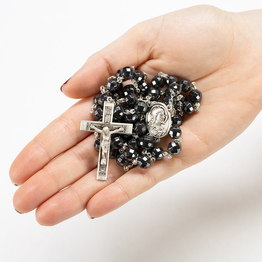 Hematite Crystal Rosary - Handmade Catholic Rosary for Men or Women - Sterling Silver Faceted Steel Gray Haematite Beads - Heirloom Rosaries