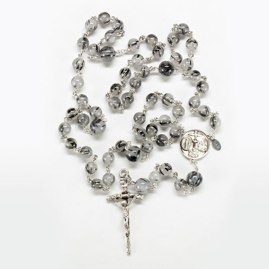 Tourmaline Quartz Men's Rosary - Handmade Gift with Tourmalinated Stones, Sterling Silver and St. John Paul II Crucifix - Handmade Heirloom