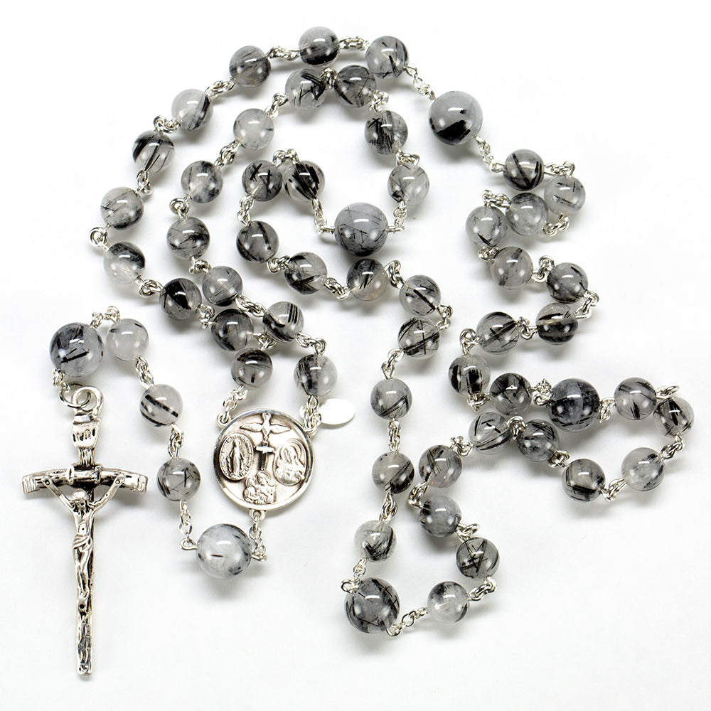 Tourmaline Quartz Men's Rosary - Handmade Gift with Tourmalinated Stones, Sterling Silver and St. John Paul II Crucifix - Handmade Heirloom